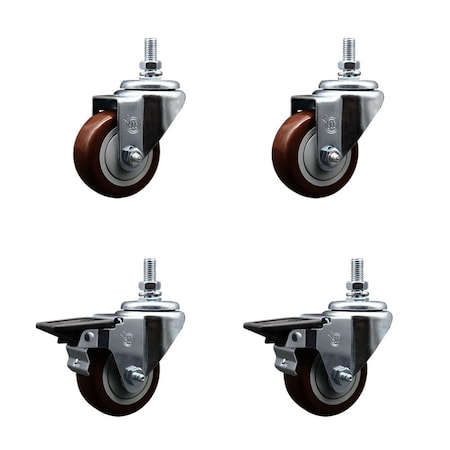 Service Caster 3 Inch Maroon Polyurethane 38 Inch Threaded Stem Caster Set 2 Brakes SCC SCC-TS20S314-PPUB-MRN-381615-2-PLB-2